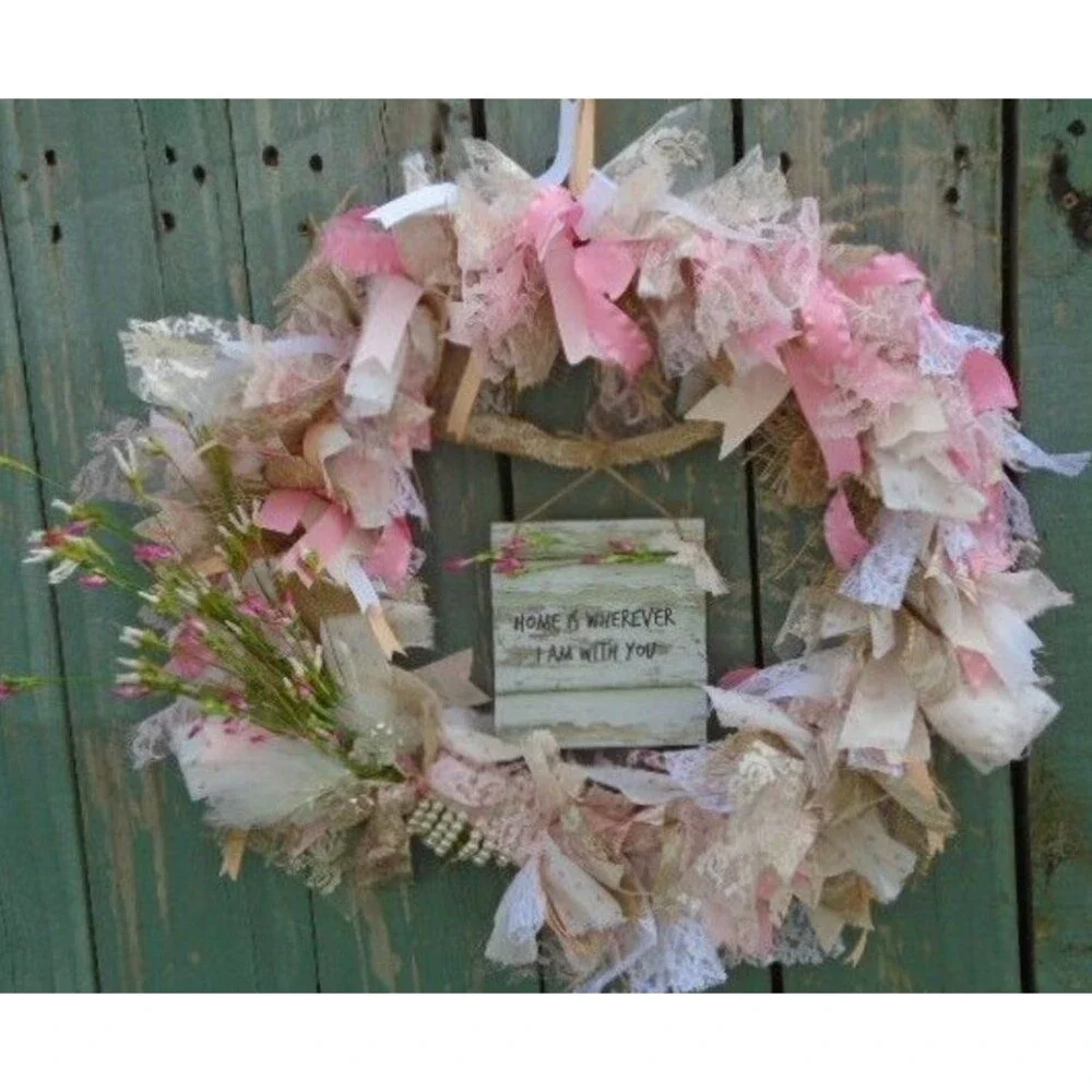 SHABBY CHIC WREATH Ribbon Lace Burlap Pink White French Handmade Spring Easter